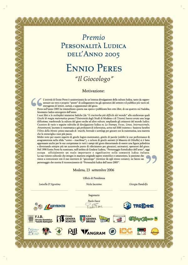 Ennio Peres personalità ludica del 2005